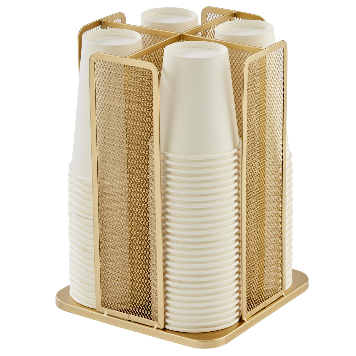 Annova Paper Cup and Lid Holder Plastic Cup Storage Organizer 360°Rotating Coffee Cup Dispenser with 4 Compartments Multifunctional Cup Storage Rack for Home Office Bar Coffee Shop (Gold)