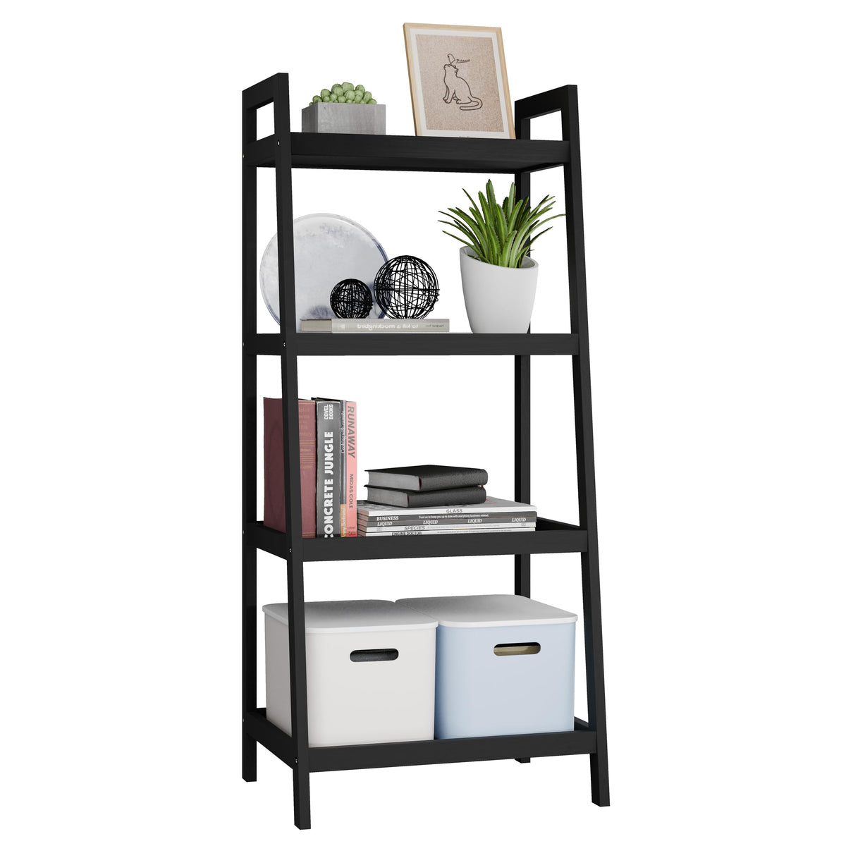 SMIBUY Ladder Shelf 4 Tier Bamboo Bookshelf Bathroom Storage Organizer Plant Display Stand Freestanding Open Shelving Unit with Handles for Home Office (Black)