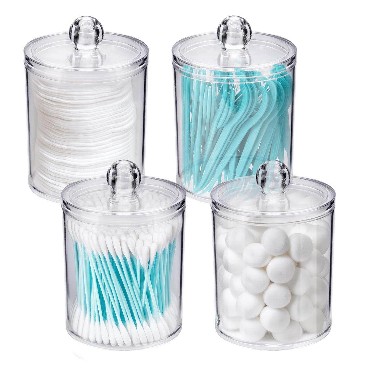 WEISHI 4 Pack Qtip Holder Dispenser - Cotton Ball Swab Round Pads Floss Small Clear Plastic Apothecary Jar Containers with Lids for Bathroom Storage and Organization Vanity Organizer
