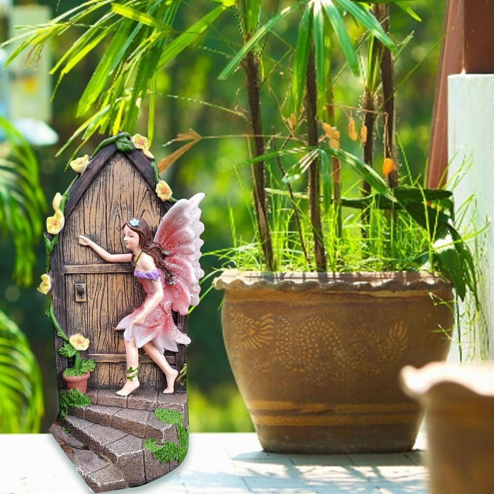 Miniature Fairy Knocking Door Statue for Garden Decor