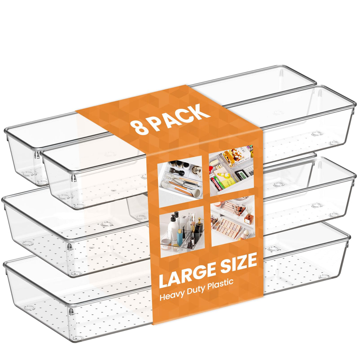 Criusia LARGE Drawer Organizer 8 Pack Clear Plastic Kitchen Drawer Organizer Dividers Perfect 4 Sizes Organization and Storage Bins for Organizing Bathroom Makeup Vanity Kitchen Office