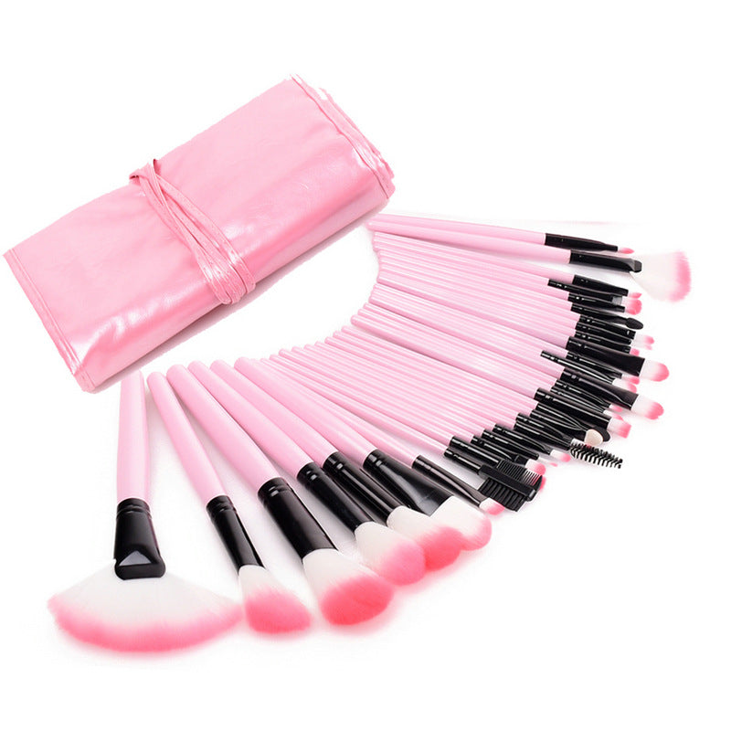 32-Piece Pink Makeup Brush Set with Mini Wooden Case