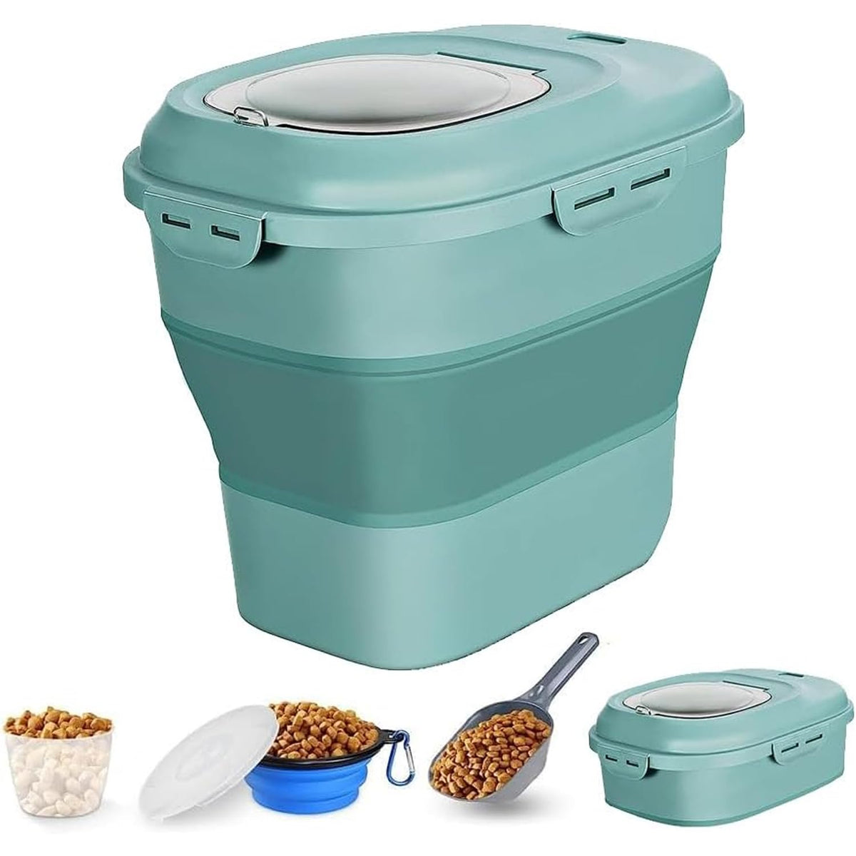 JOSUCLEN Dog Food Storage Container Collapsible 50 lbs Large Pet Cat Food Container with Wheels 25 lbs Airtight Kitchen Cereal Rice Storage with Transparent Lid Folding Bowl Measuring Cup Spoon