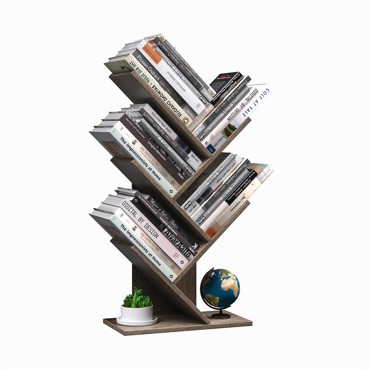 R RUISHENG 5 Tier Small Tree Bookshelf Desk Book Organizer Narrow Bookcases for Books Magazines CDs Free Standing Retro Wooden Storage Shelves for Home Office Bedroom Living Room Oak Grey
