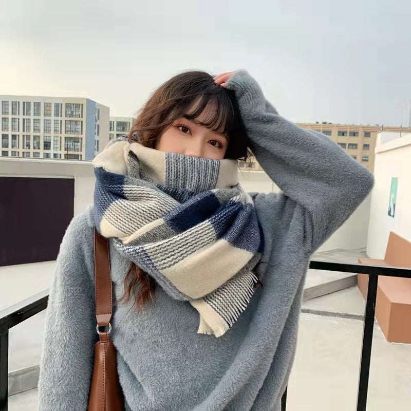 Women's Blue Plaid Winter Scarf with Tassels