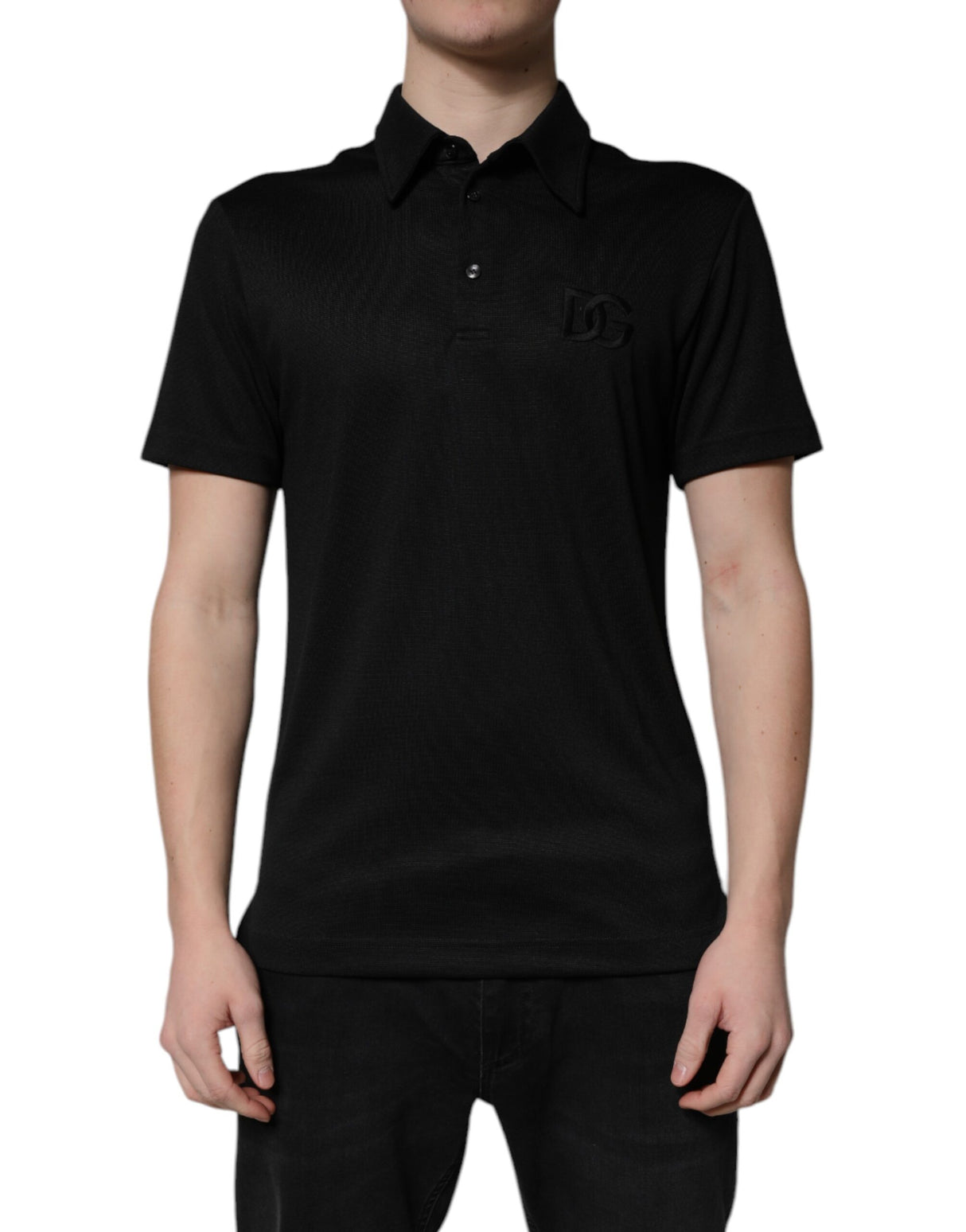 Dolce & Gabbana Black Polyester DG Logo Collared Polo T-shirt