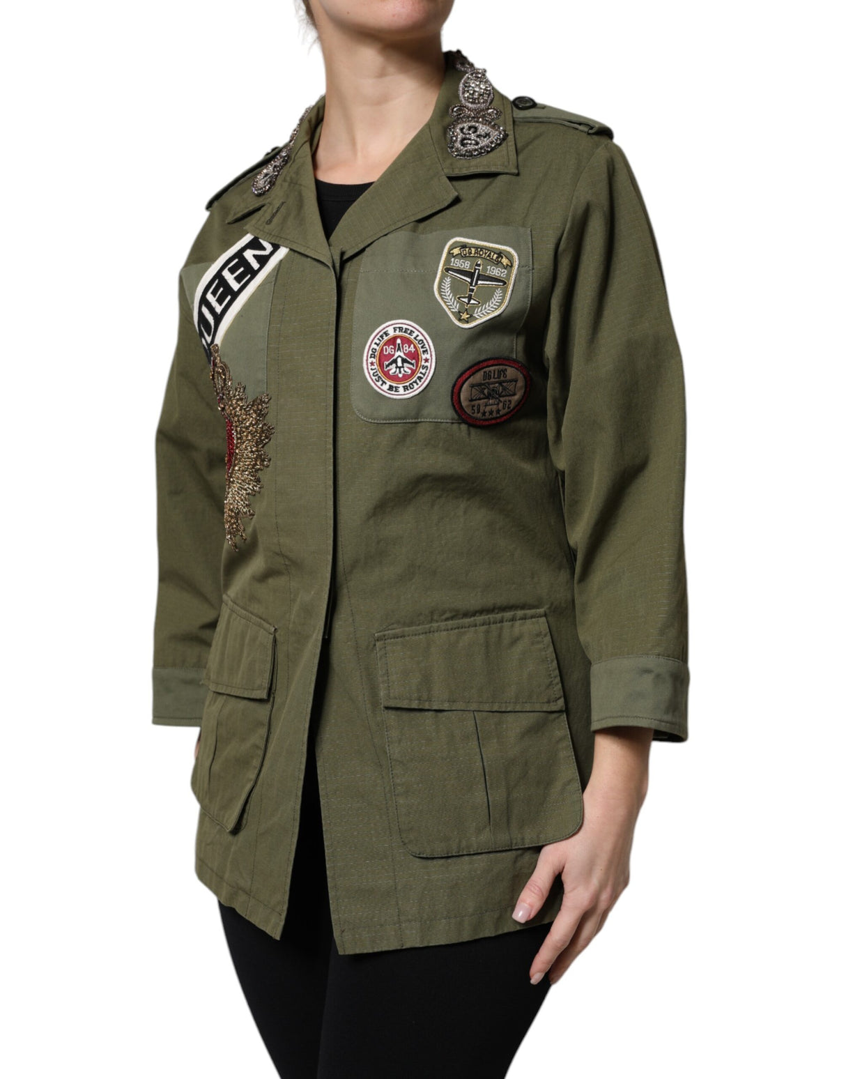 Dolce & Gabbana Military Green Queen Embellished Coat Jacket