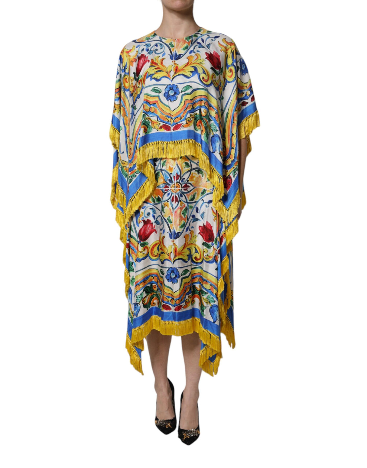 Dolce & Gabbana Multicolor Majolica Kaftan Short Sleeves Maxi Dress