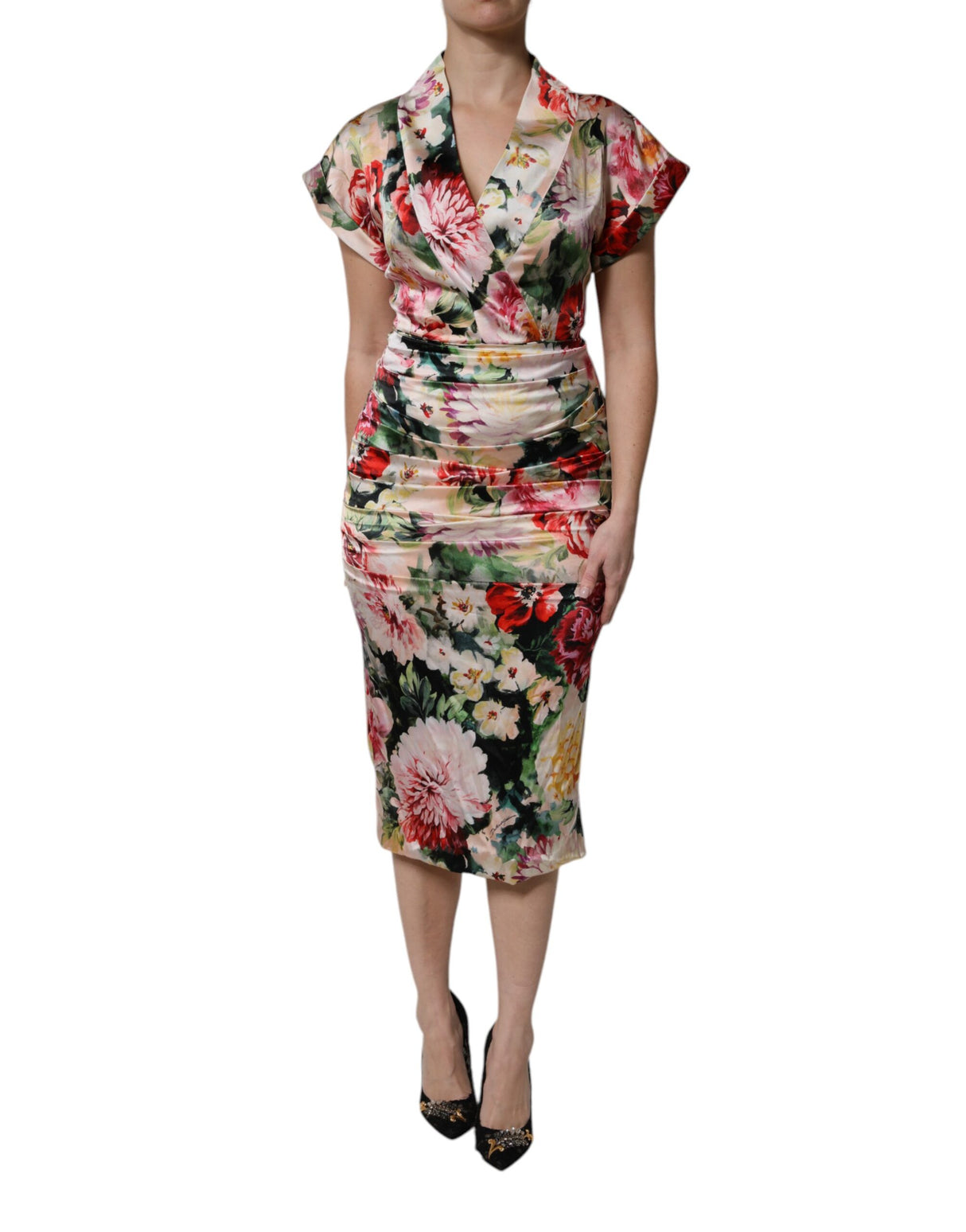 Dolce & Gabbana Multicolor Floral Short Sleeves Sheath Midi Dress
