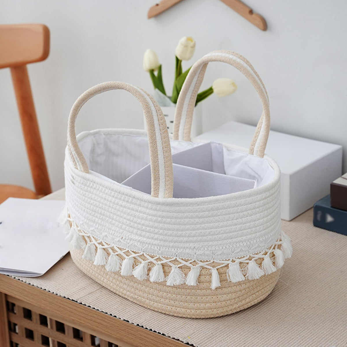 Baby Diaper Caddy Organizer Rope Tassel Nursery Storage Bin Basket Portable Holder Tote Bag for Girl Boy Nursery Storage Bin with Removable Divider Newborn Holder for Baby Shower & Mums (White)
