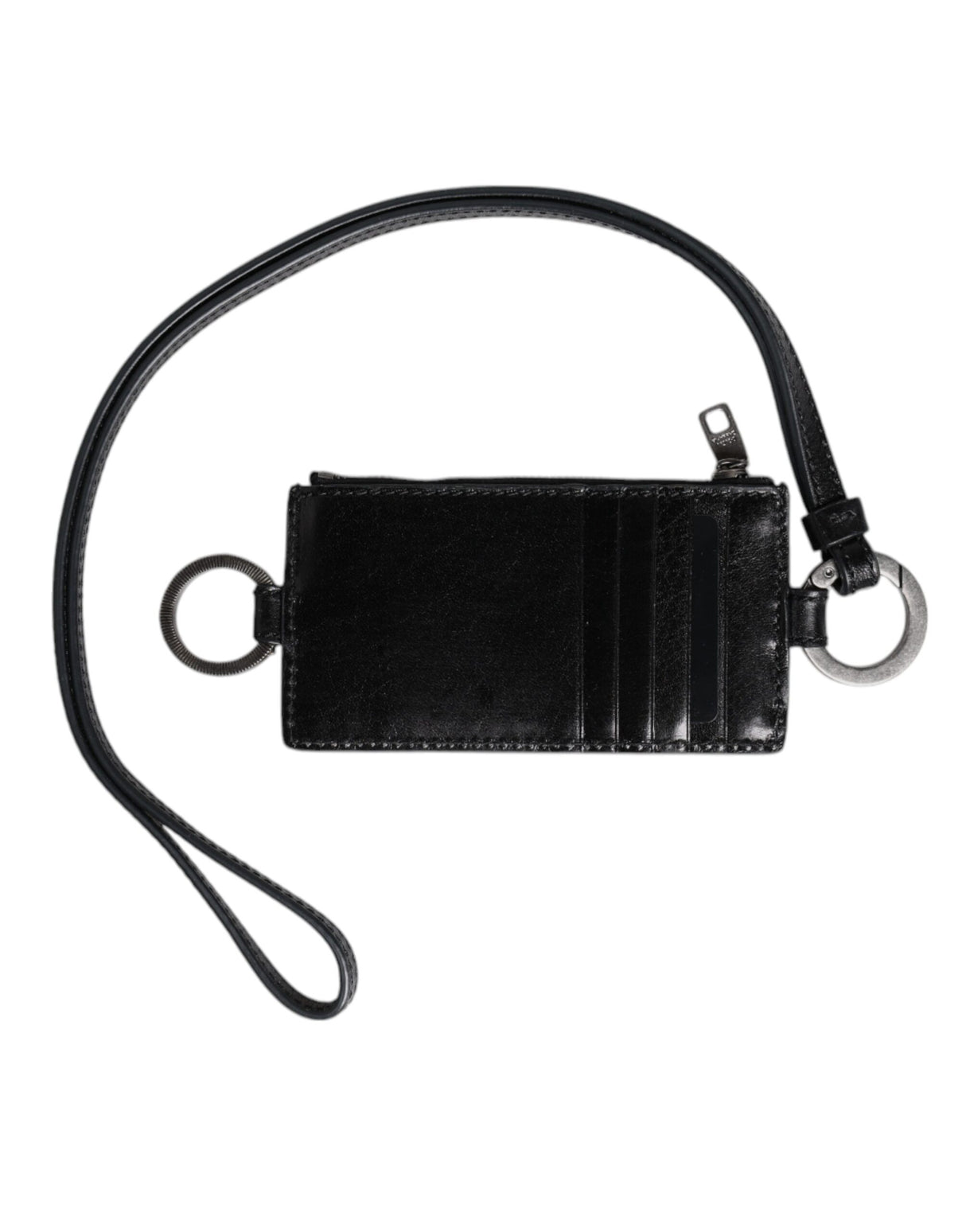 Dolce & Gabbana Black Leather Logo Embossed Lanyard Card Holder Wallet