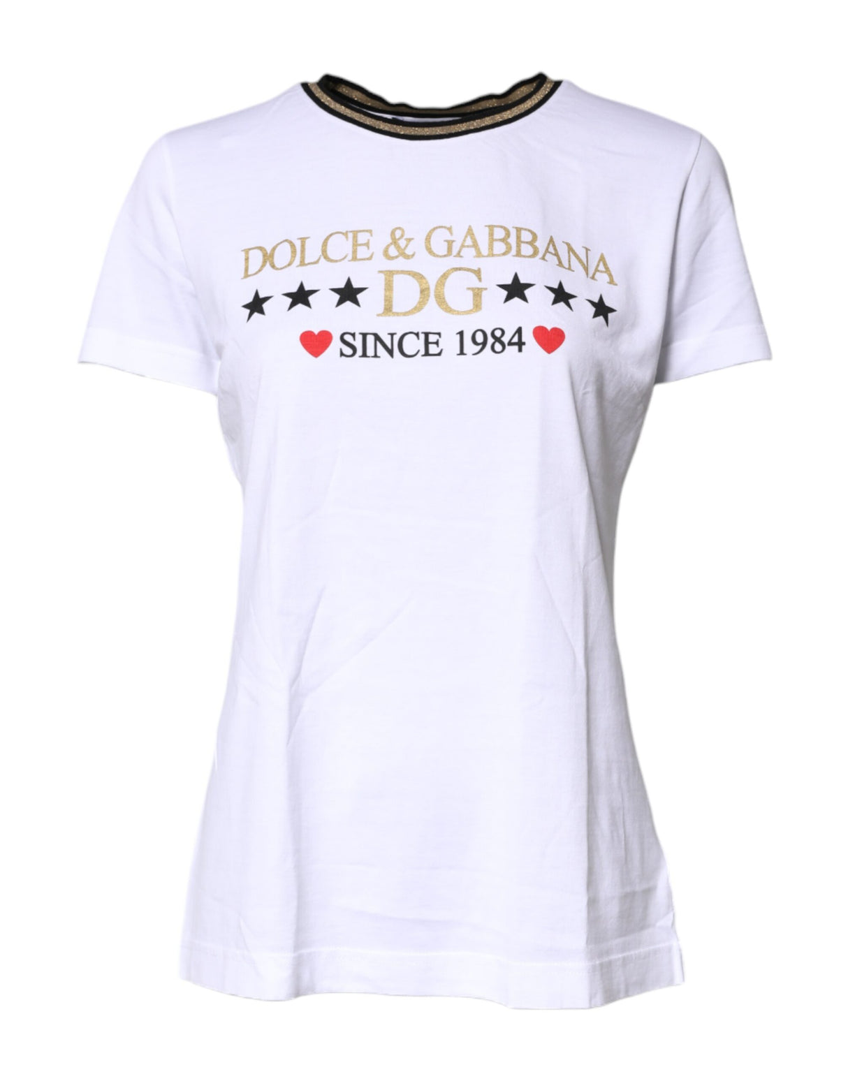 Dolce & Gabbana White Printed Round Neck Top Cotton T-shirt