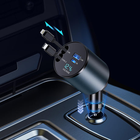 Retractable Car Charger 4 in 1 Fast Car Phone Charger 60W USB C Car Charger (TypeC+Lightning Retractable Cords)
