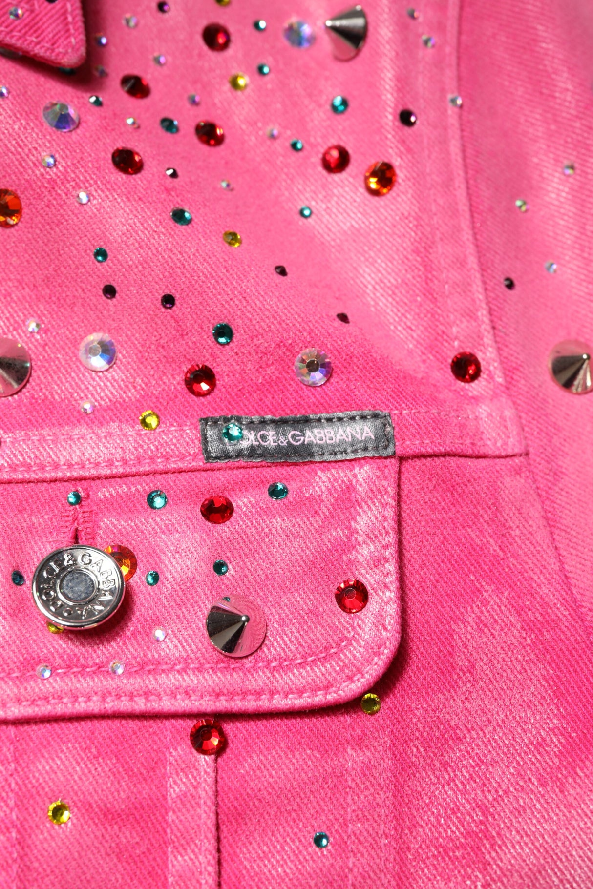 Dolce & Gabbana Pink Crystal Embellished Cotton Denim Jacket
