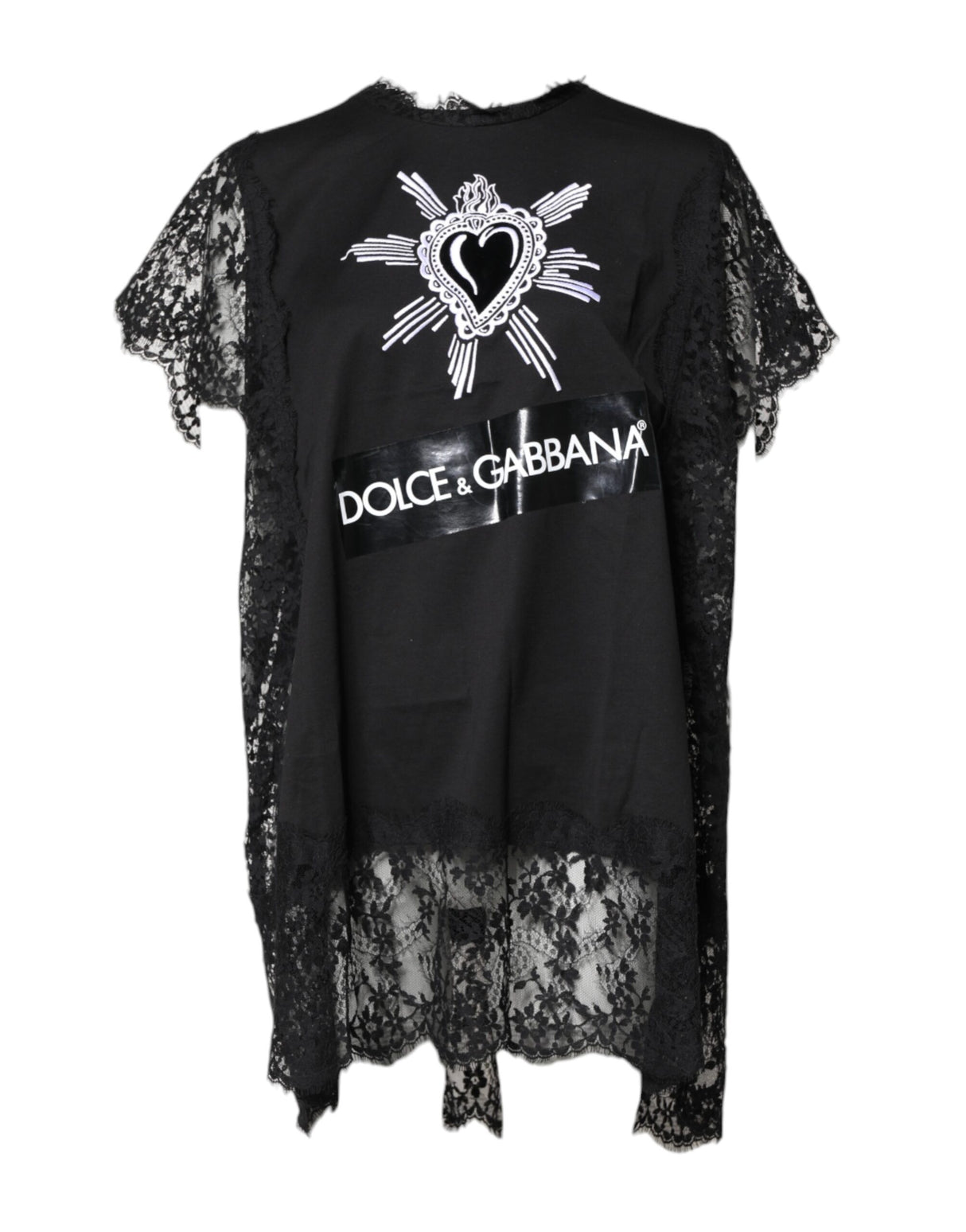 Dolce & Gabbana Black Lace Sheer Sacred Heart Crew Neck Top