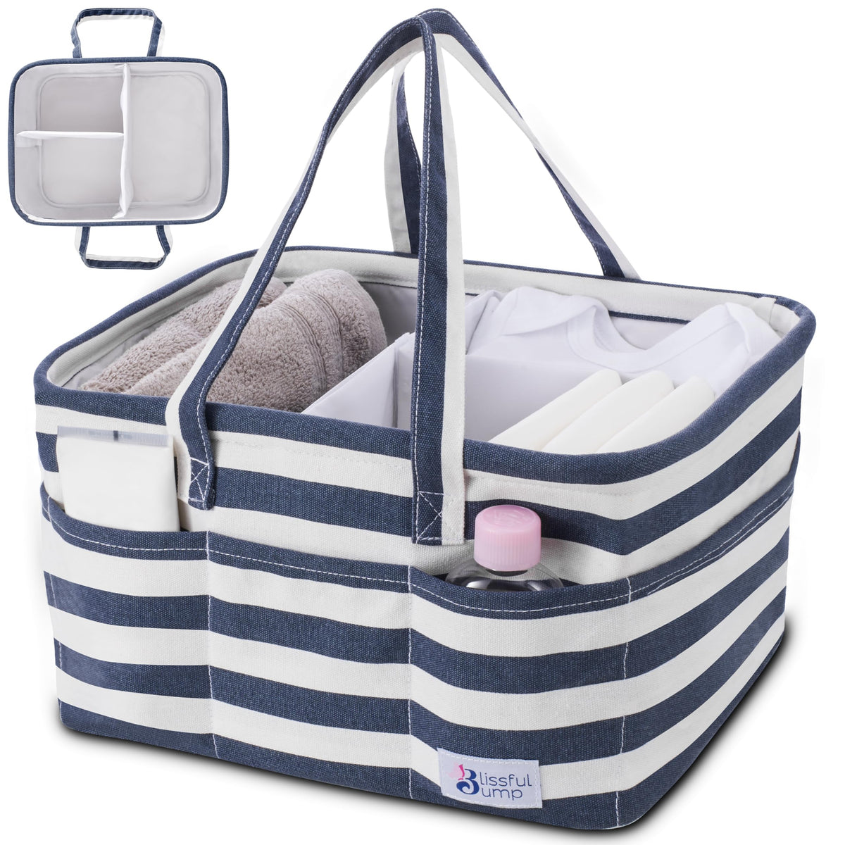 Baby Diaper caddy organizer Baby Caddy for Newborn.-Extra large diaper caddy Diaper bag storage caddy Blissful Bump Striped White and Navy Blue