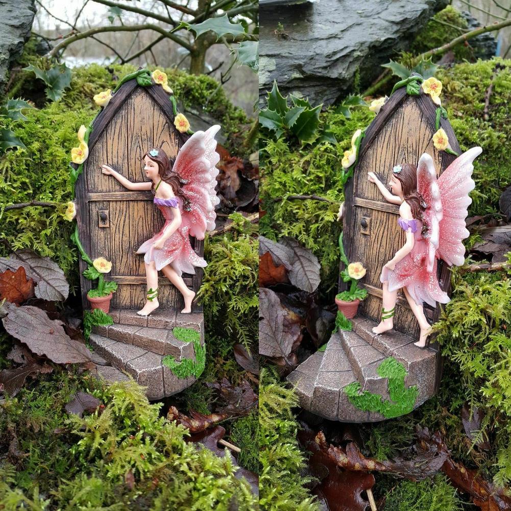 Miniature Fairy Knocking Door Statue for Garden Decor