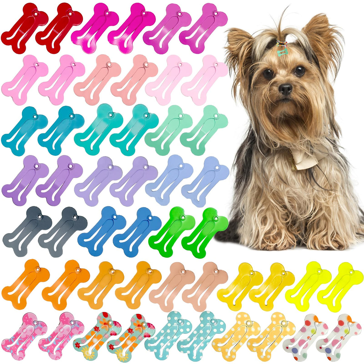 Rimobul 1" Mini Pet Hair Clip - Rimobul 50 Pieces Dog Hair Clips Bone Shaped Snap Pet Hair Barrettes Multicolor Small Snap Hair Clips Puppy Hair Accessories for Yorkie Puppy Pet 25 Styles