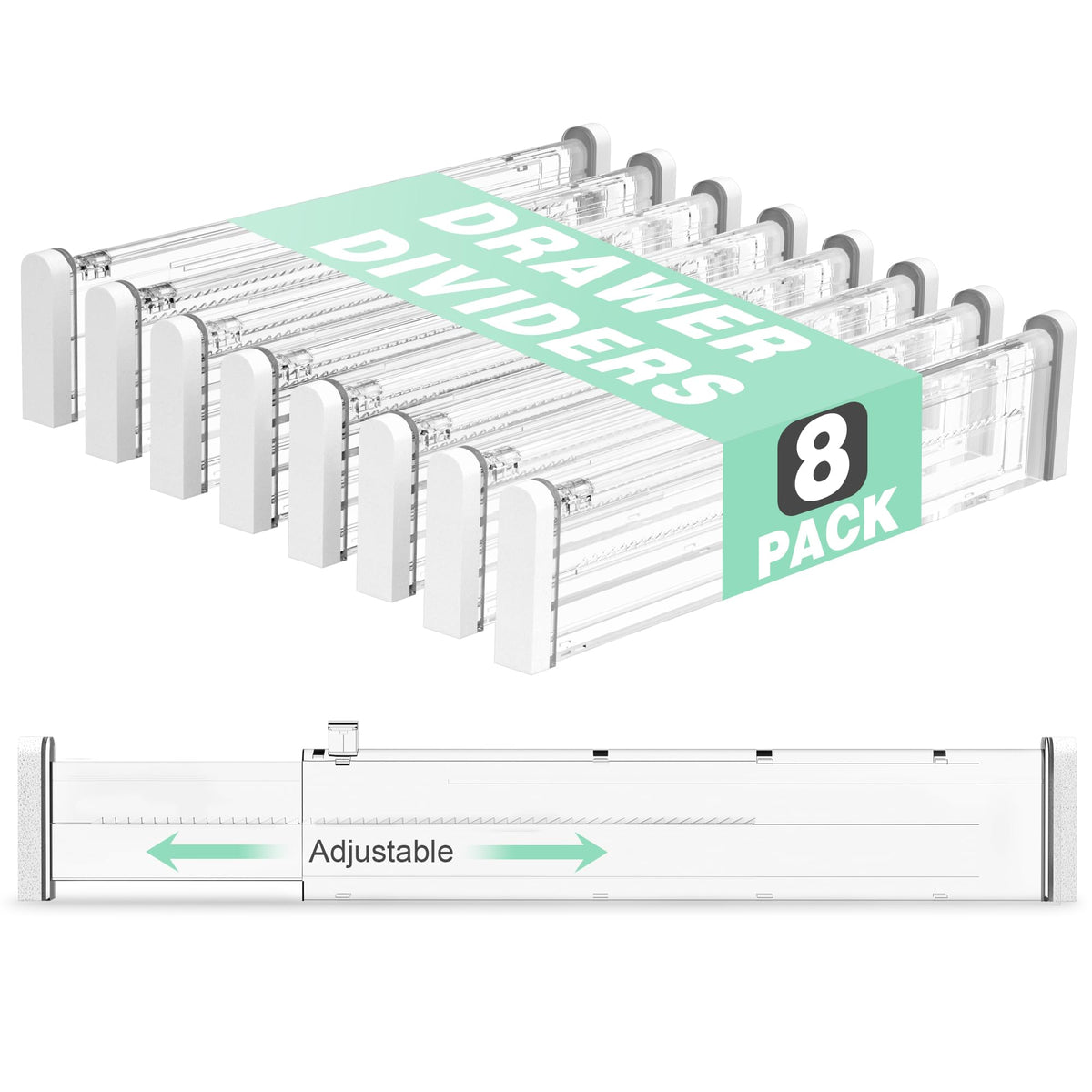 FUNIZE Expandable Drawer Dividers 8 Pack 2.36" High 12.6-22.8 Clear Drawer Organizers for Utensils Clothes Adjustable Kitchen Drawers Separators in Dresser Bedroom Office Storage