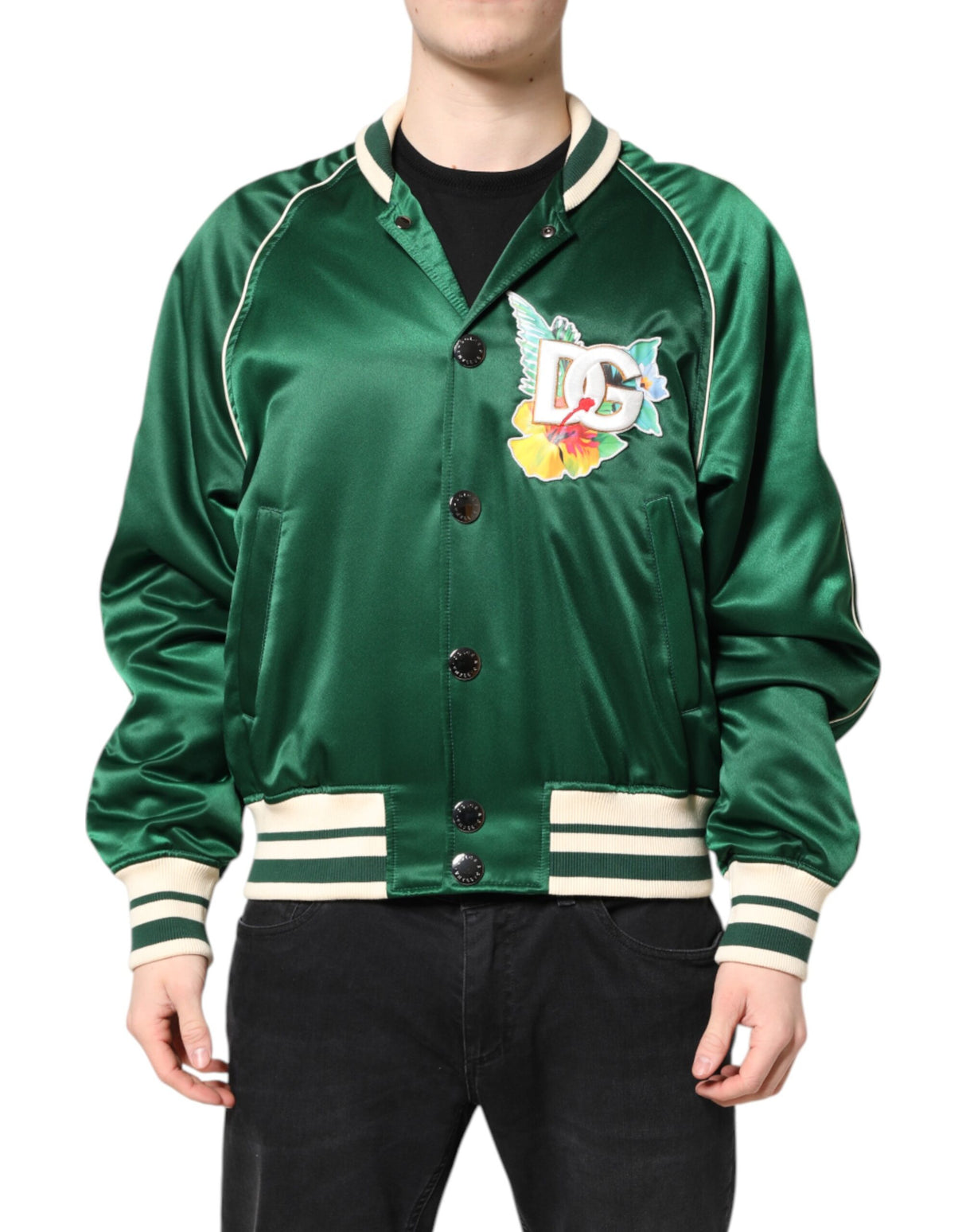 Dolce & Gabbana Green Floral DG Logo Full Zip Bomber Jacket