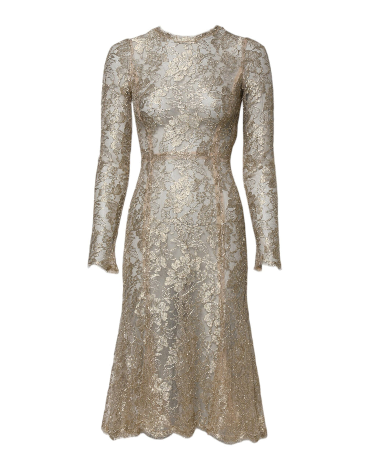 Dolce & Gabbana Gold Floral Lace Long Sleeves Fit & Flare Dress
