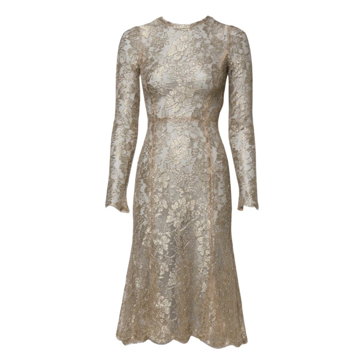 Dolce & Gabbana Gold Floral Lace Long Sleeves Fit & Flare Dress
