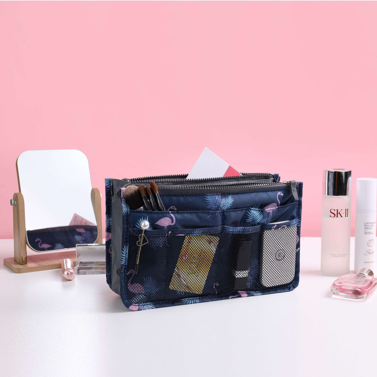 Portable Double Zipper Flamingo Wash Cosmetic Bag
