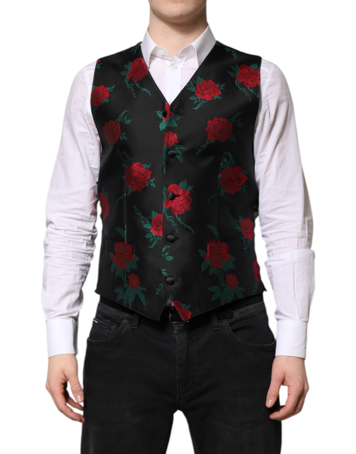 Dolce & Gabbana Red Floral Brocade Formal Men Waistcoat Vest