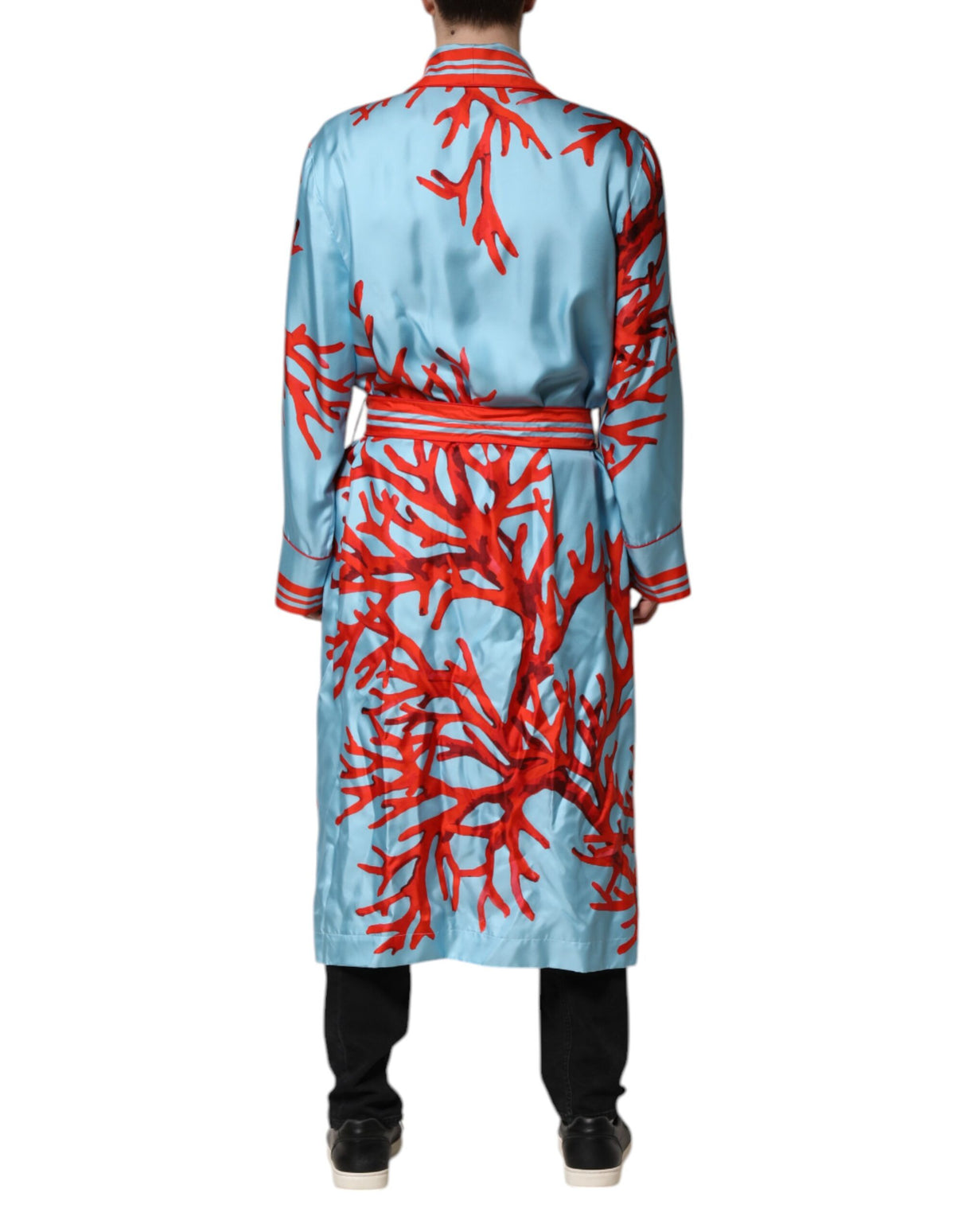 Dolce & Gabbana Blue Red Coral Print Wrap Robe Coat Jacket