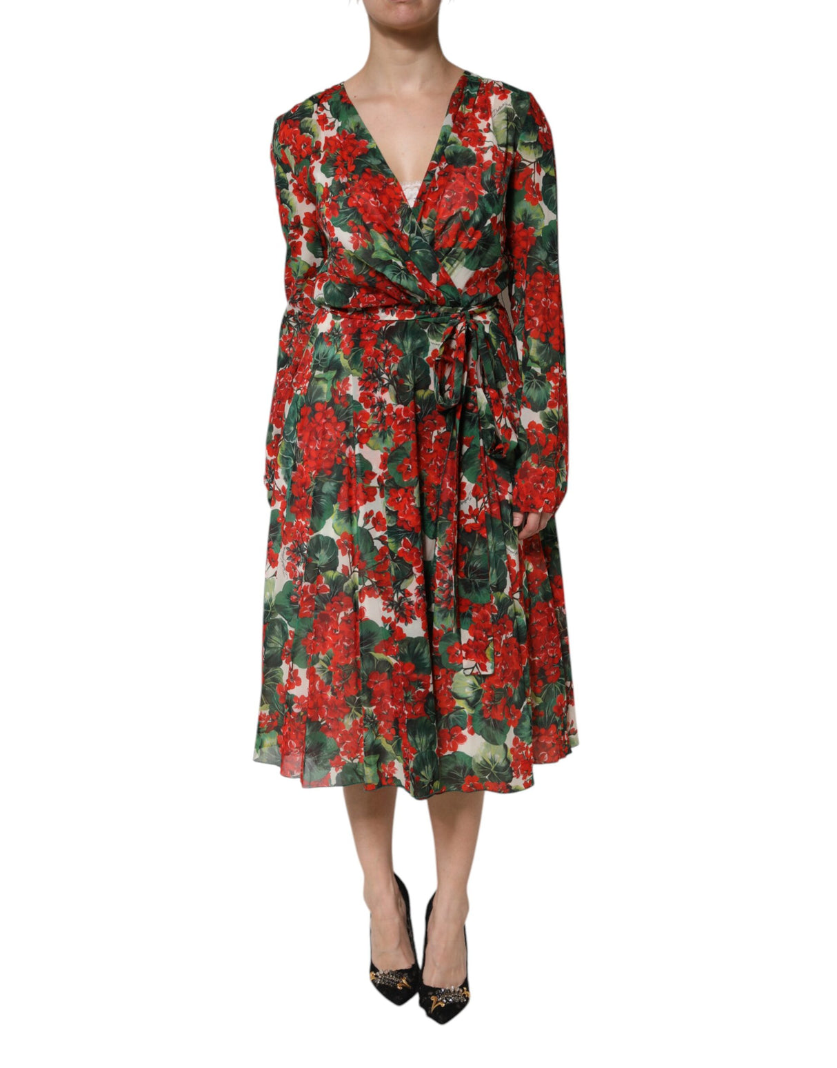 Dolce & Gabbana Multicolor Floral Long Sleeves V-neck Dress