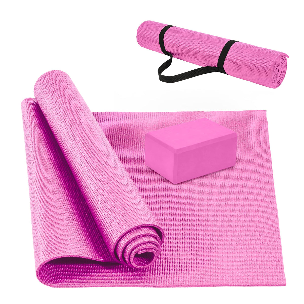 Fitvids All Purpose 0.25 Inch Thick High Density No Tear Exercise Yoga Mat with Strap & Lightweight Features for Indoor & Outdoor Use Pink