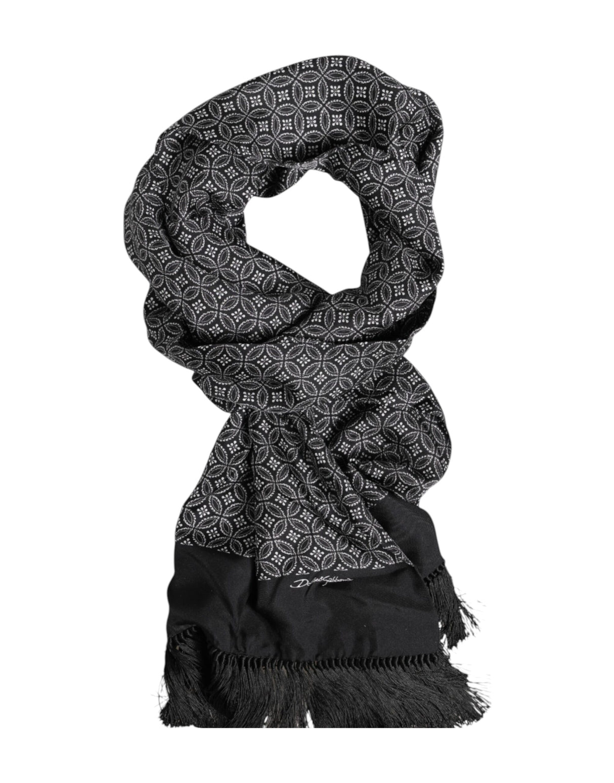 Dolce & Gabbana Black Patterned Fringes Men Foulard Scarf