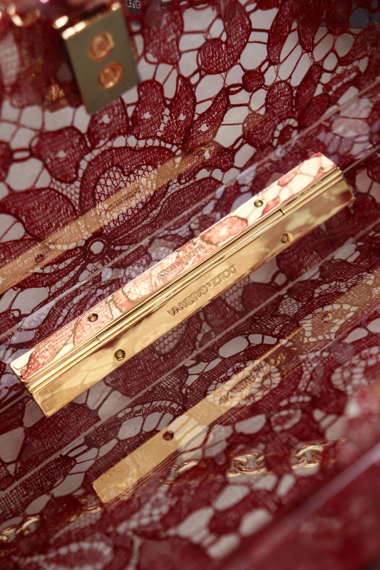 Dolce & Gabbana Dark Red Plexiglass Lace Shoulder Sling Clutch Bag