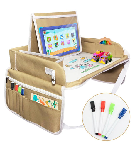 Car Seat Tray with white board Car Accessories for Kids with Tablet Holder Food & Play Activity Roadtrip Essentials for Kids Foldable & Portable Travel Tray for Kids Car Seat (Khaki & White).