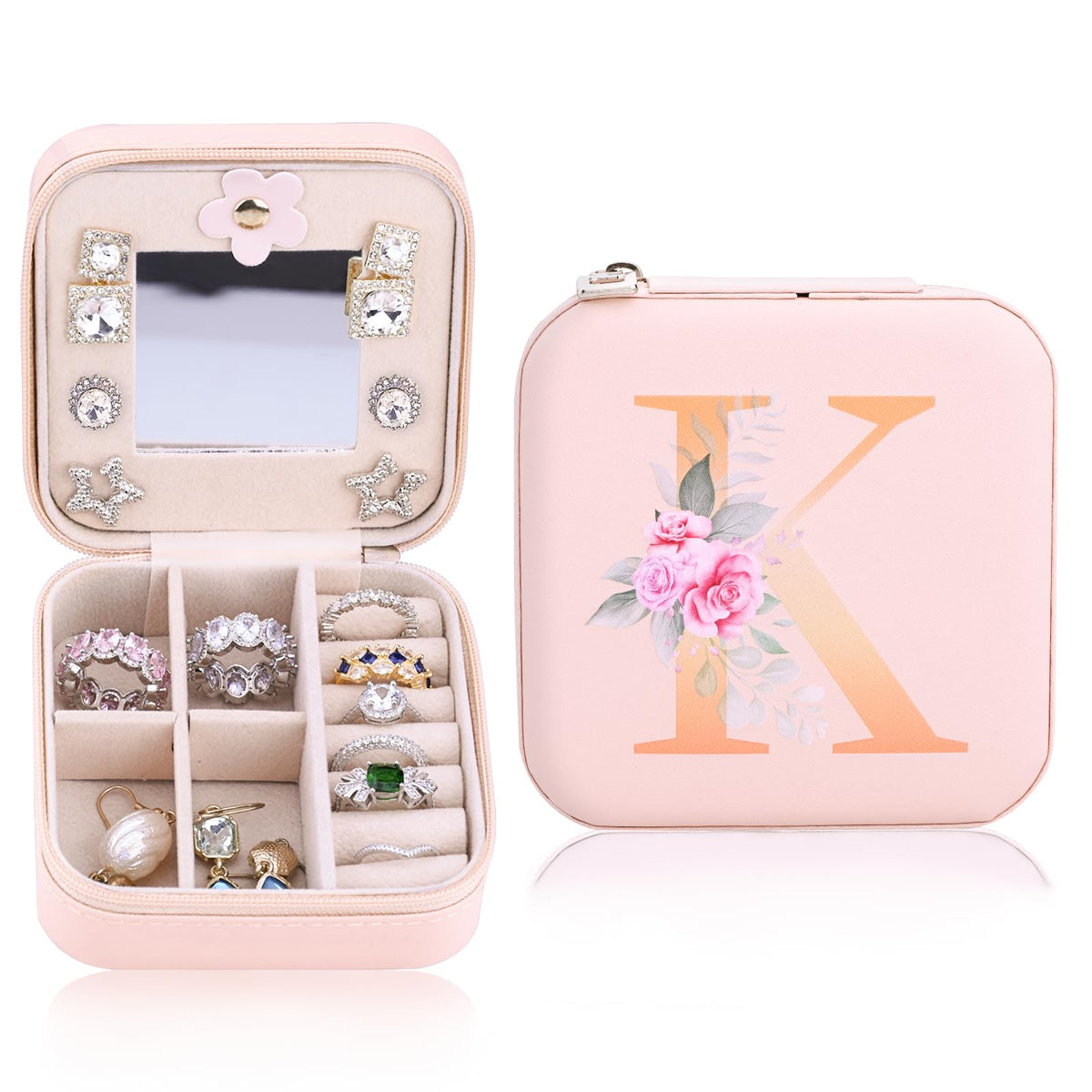 VigorVaul Travel Jewelry Box K Initial Small Jewelry Case for Women| Pink Jewelry Organizer Box|Personalized Birthday Gifts for Girls|Teacher Gifts for Women|Graduation Gifts for Her
