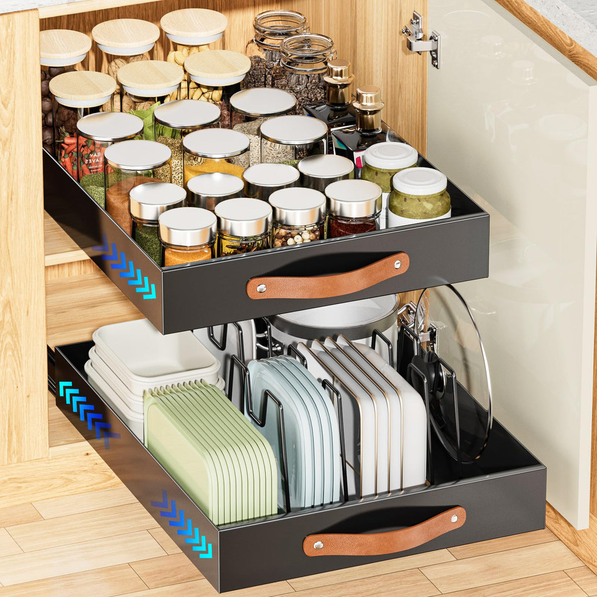 Ovicar Pull Out Cabinet Organizer - Adhesive Slide Out Drawer 12.2" W x 16.3"D Heavy Duty Sliding Drawers Pantry Shelf Storage with 4pcs Divider Racks for Kitchen Bathroom Home Black