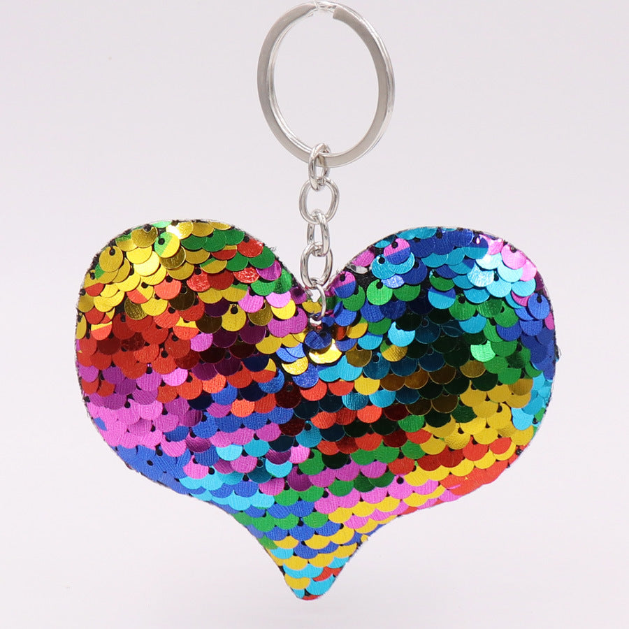 Sequin Heart Bag Charm with Reflective Keyring Design