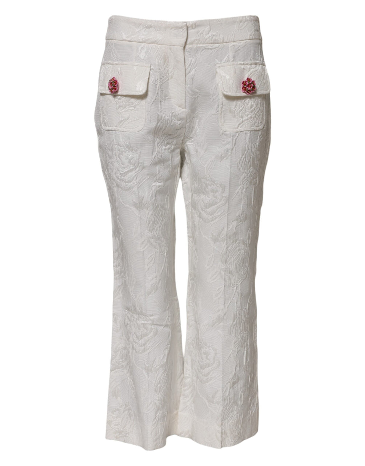 Dolce & Gabbana White Cotton Floral Jacquard Pants