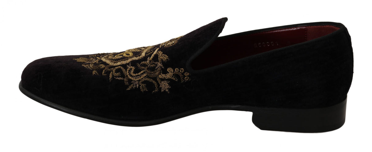 Dolce & Gabbana Loafers Black Velvet Gold Crown