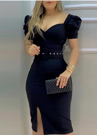 French Vintage Puff Sleeve Dress for Women (Black)