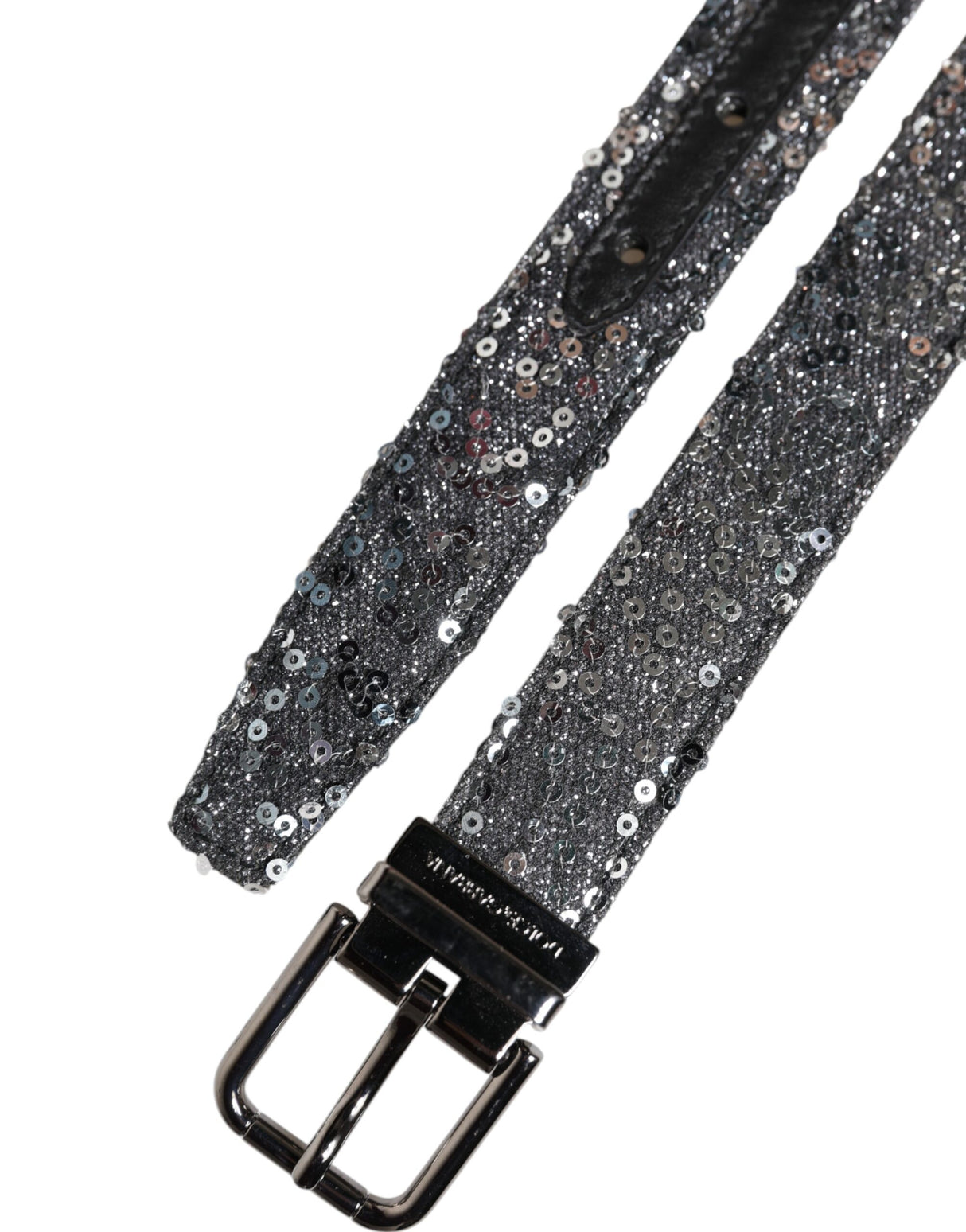 Dolce & Gabbana Black Sequins Silver Metal Logo Buckle Belt