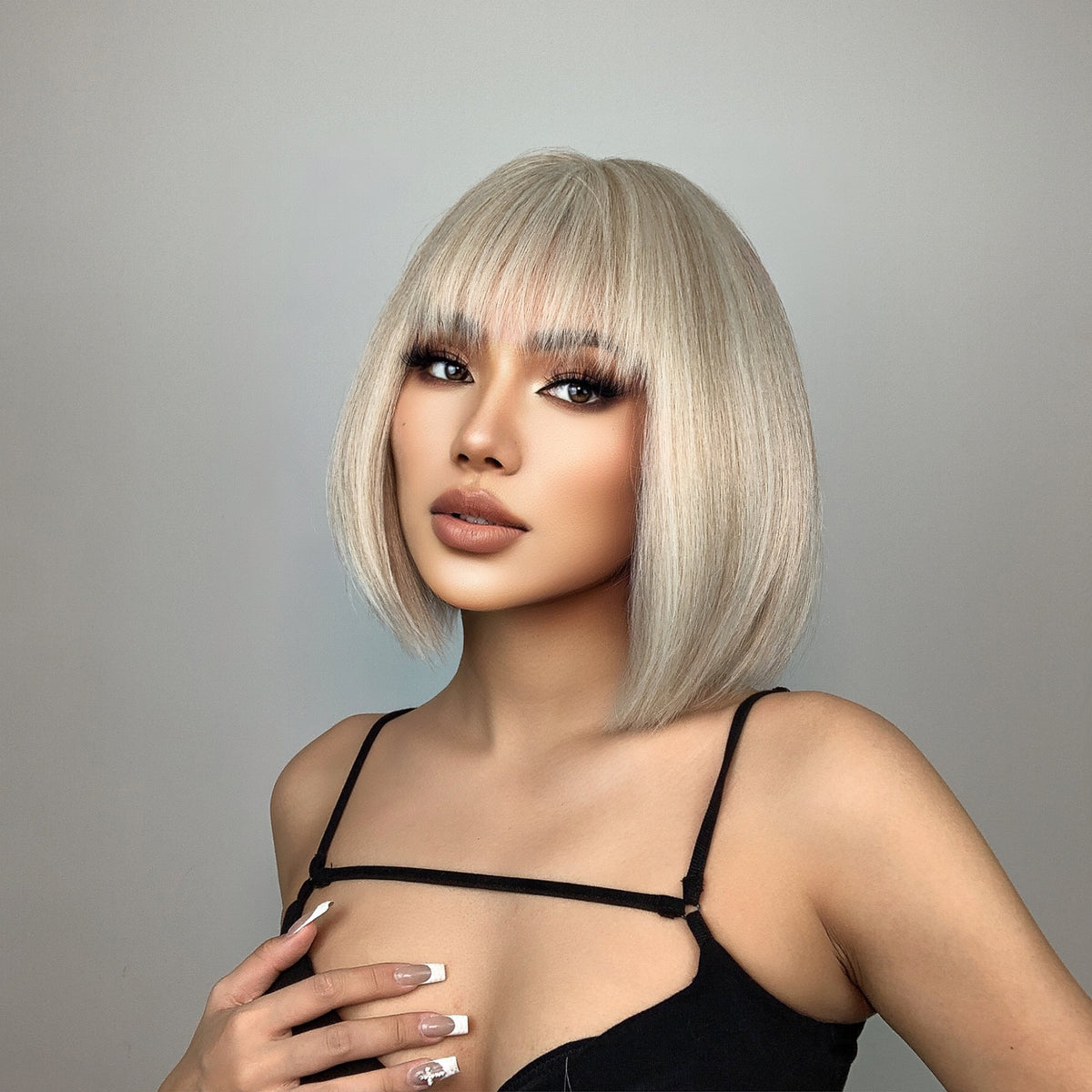 Shoulder-Length Black and Brown Bangs Wig for Women