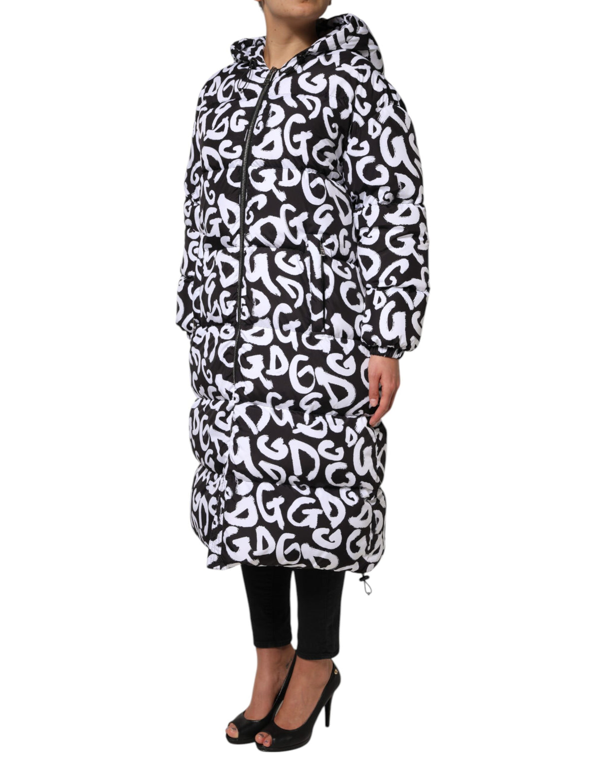 Dolce & Gabbana Black White DG Mania Hooded Long Coat Jacket
