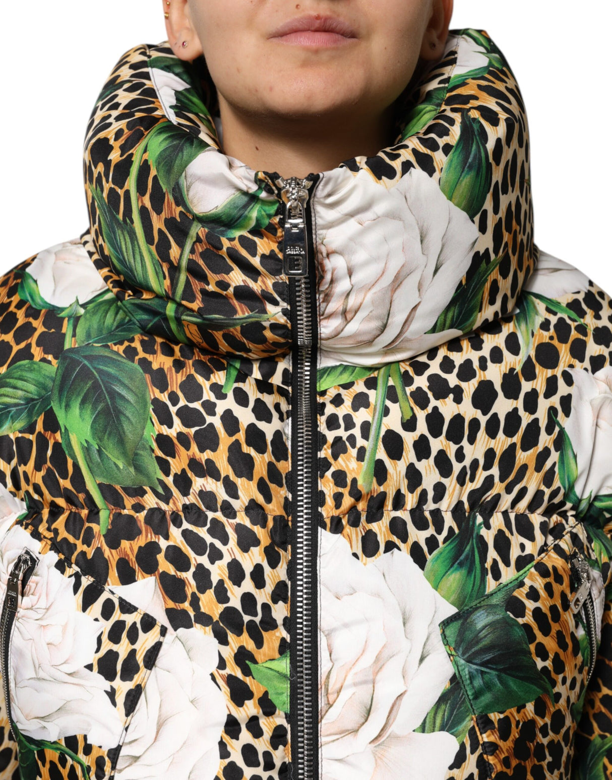 Dolce & Gabbana Multicolor Leopard Rose Puffer Quilted Jacket