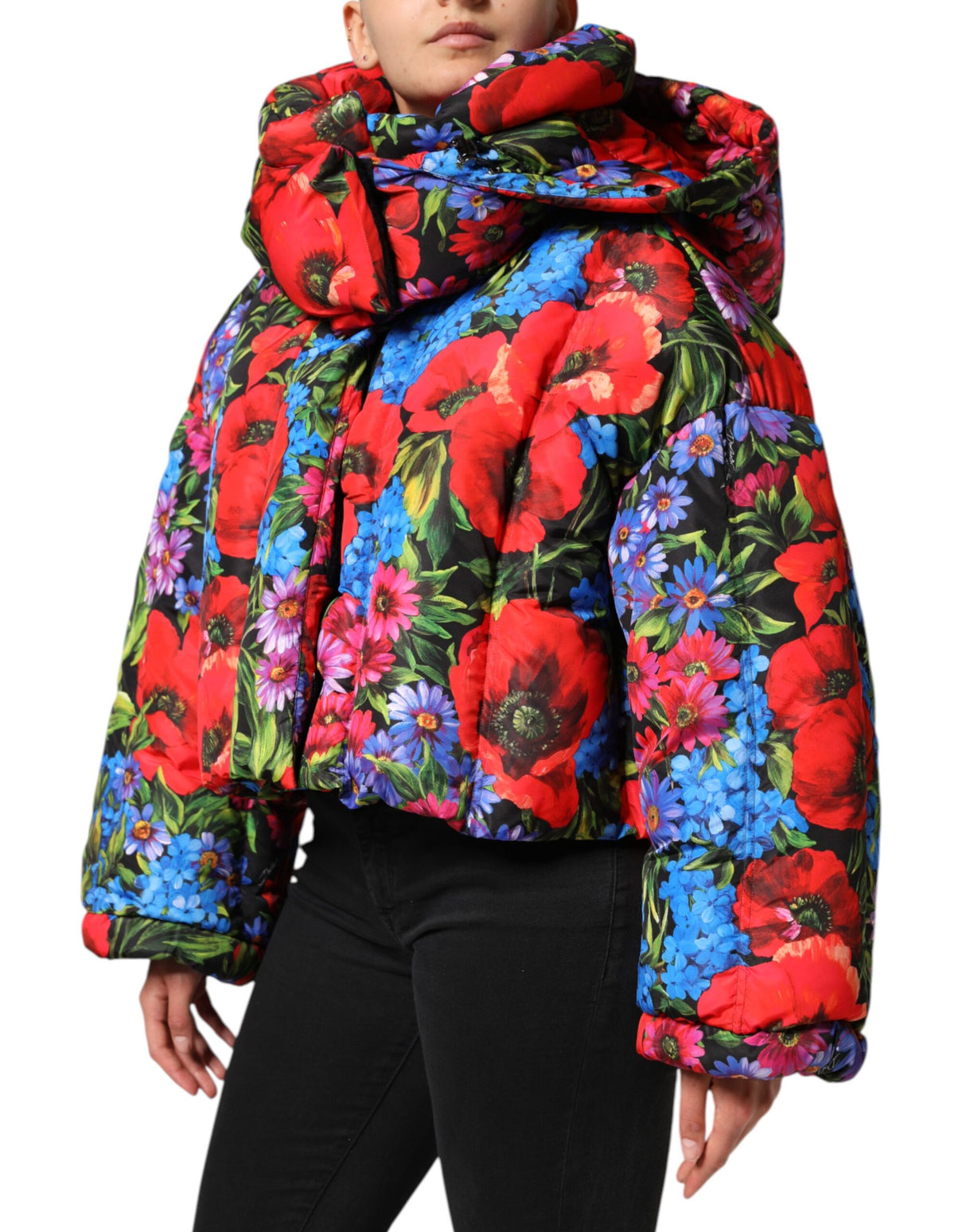 Dolce & Gabbana Multicolor Floral Hooded Puffer Coat Jacket