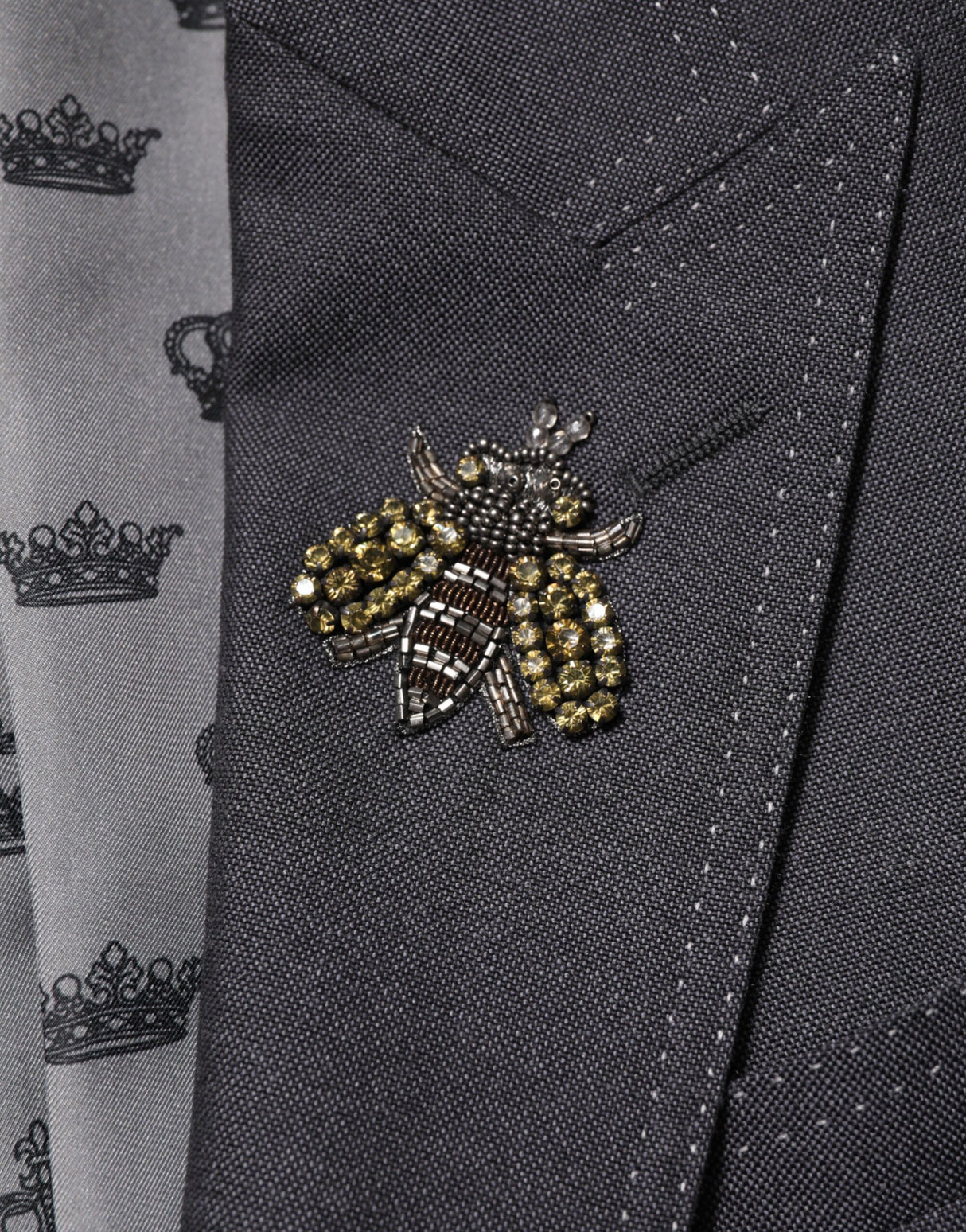 Dolce & Gabbana Dark Gray Bee Embroidery Wool Coat Blazer