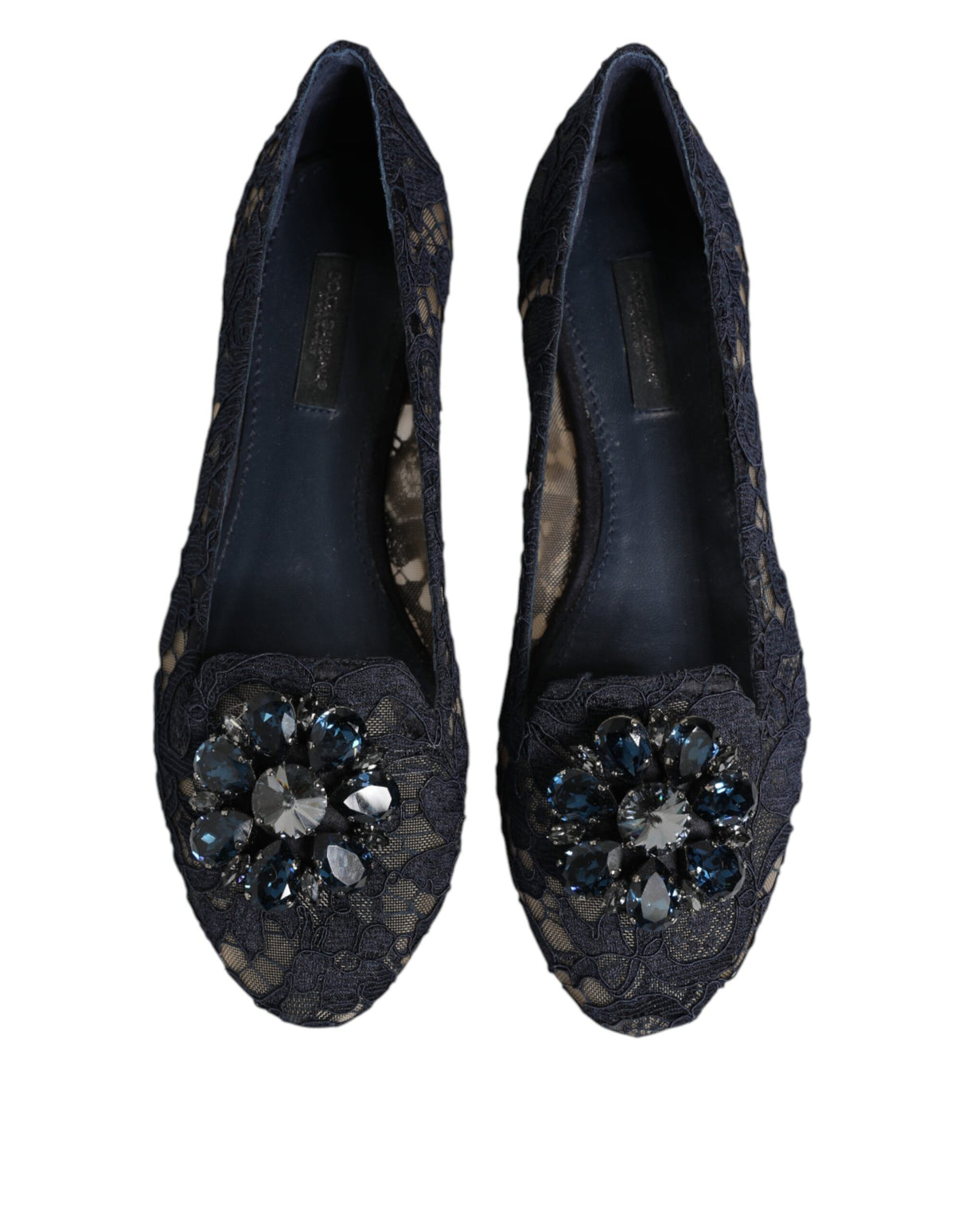 Dolce & Gabbana Blue Taormina Lace Crystals Flats Shoes
