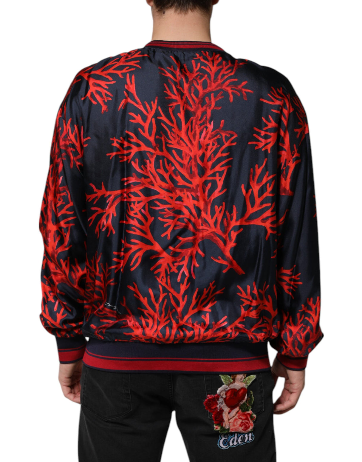 Dolce & Gabbana Navy Red Silk Coral Print Pullover Sweater
