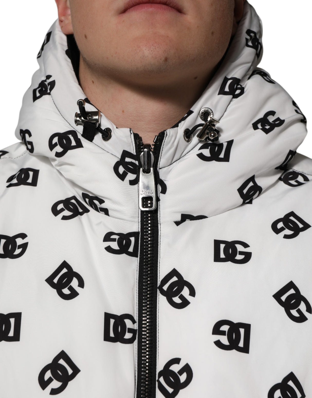 Dolce & Gabbana White DG Monogram Hooded Puffer Jacket