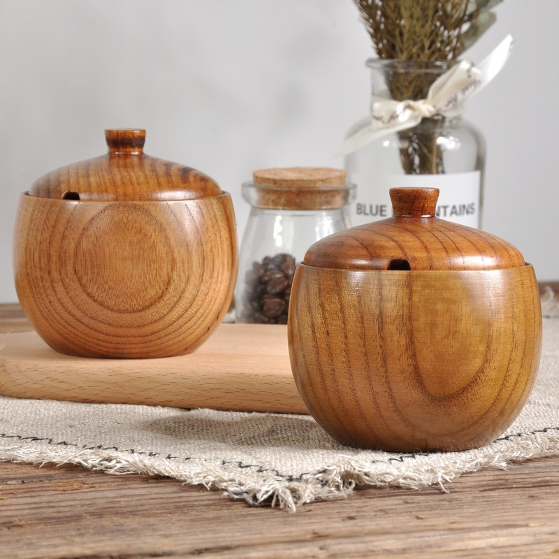 Vintage Wooden Spice Jar Set for Kitchen Storage